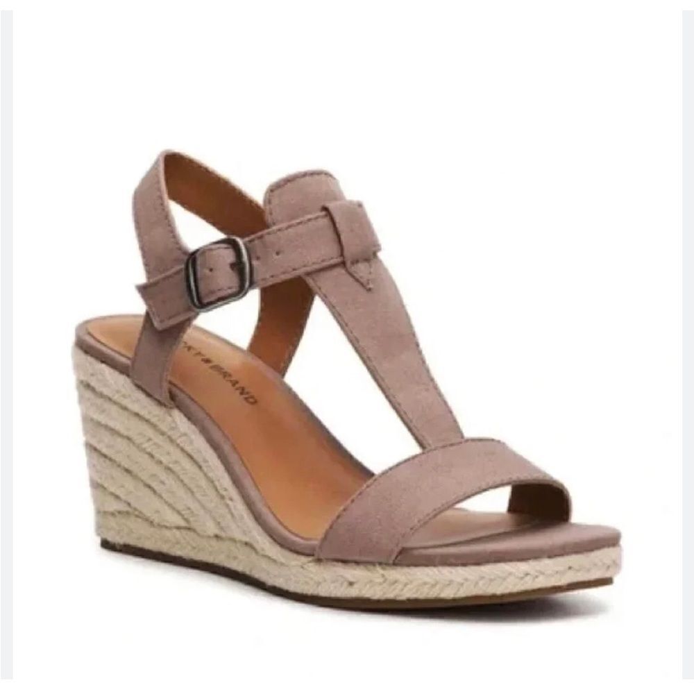Lucky Brand Millinda Pink Espadrille T Strap Wedge Sandal in Antler Canvas